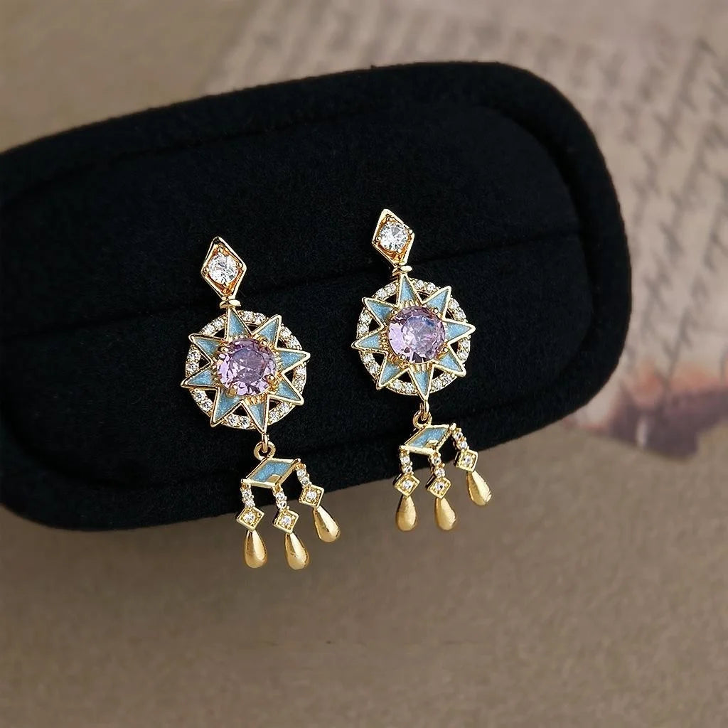 Original Designer Dreamcatcher Enamel Painted Micro Pave Zircon Tassel Drop Earrings In Eco Copper