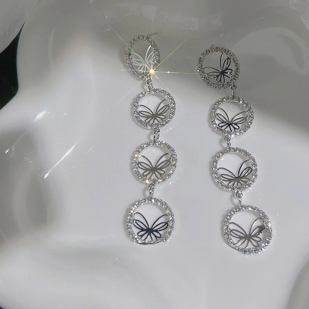 Luxury Copper Silver Plated Full Rhinestone Petal Butterfly Tassel Stud Earrings For Women