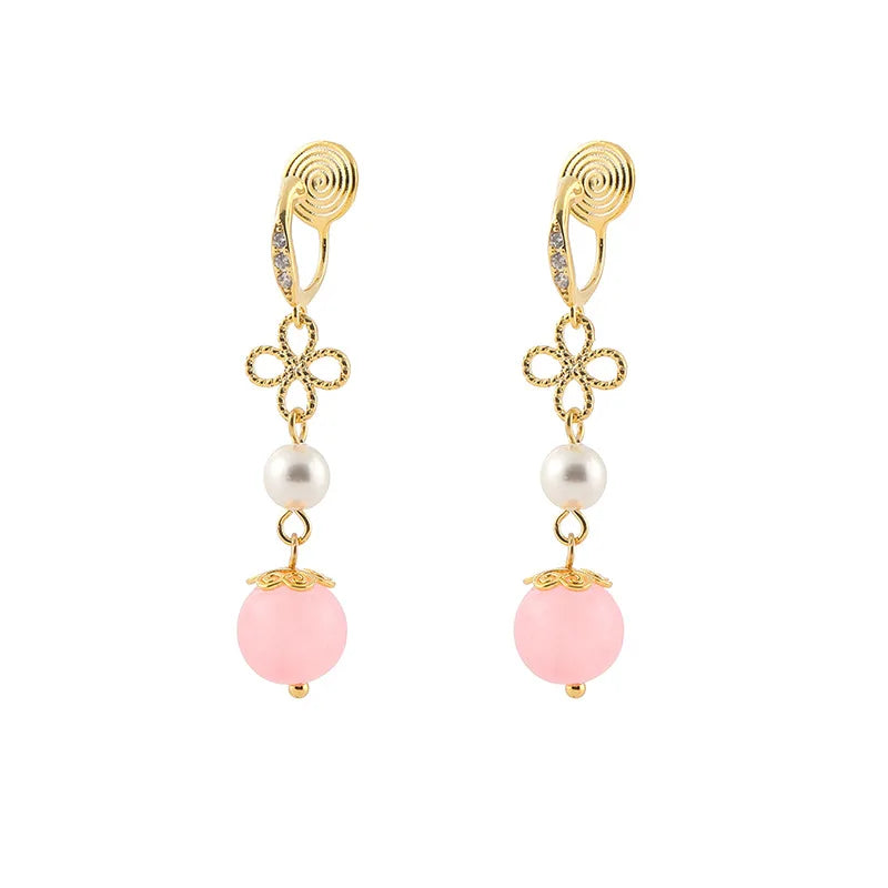 Elegant Chinese Style Pink Round Bead Pearl Flower Rhinestone Alloy Drop Stud & Clip On No Piercing Earrings