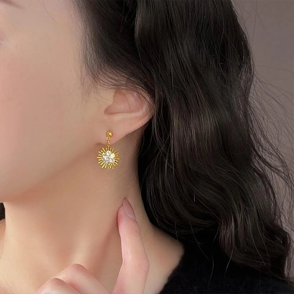 Luxury Copper Zircon Sunflower Drop Earrings Minimalist Geometric Floral Jewelry