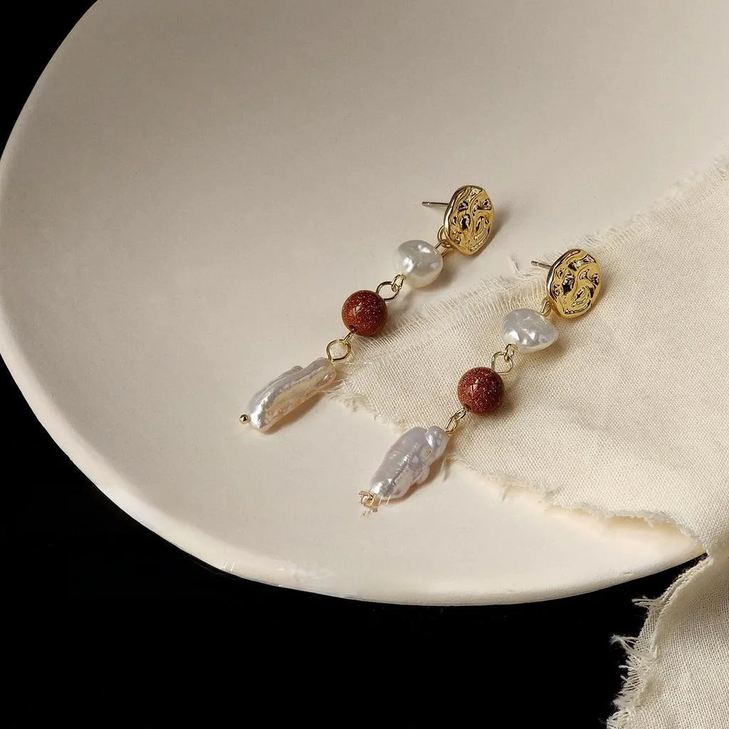 Vintage Handmade Irregular Freshwater Pearl Long Stud Earrings With Silver Plated Pins