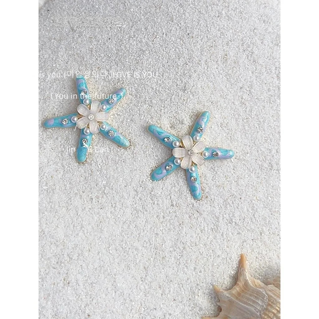 Vacation Style Resin Starfish Stud Earrings With Glossy Pearl Flower Enamel Design