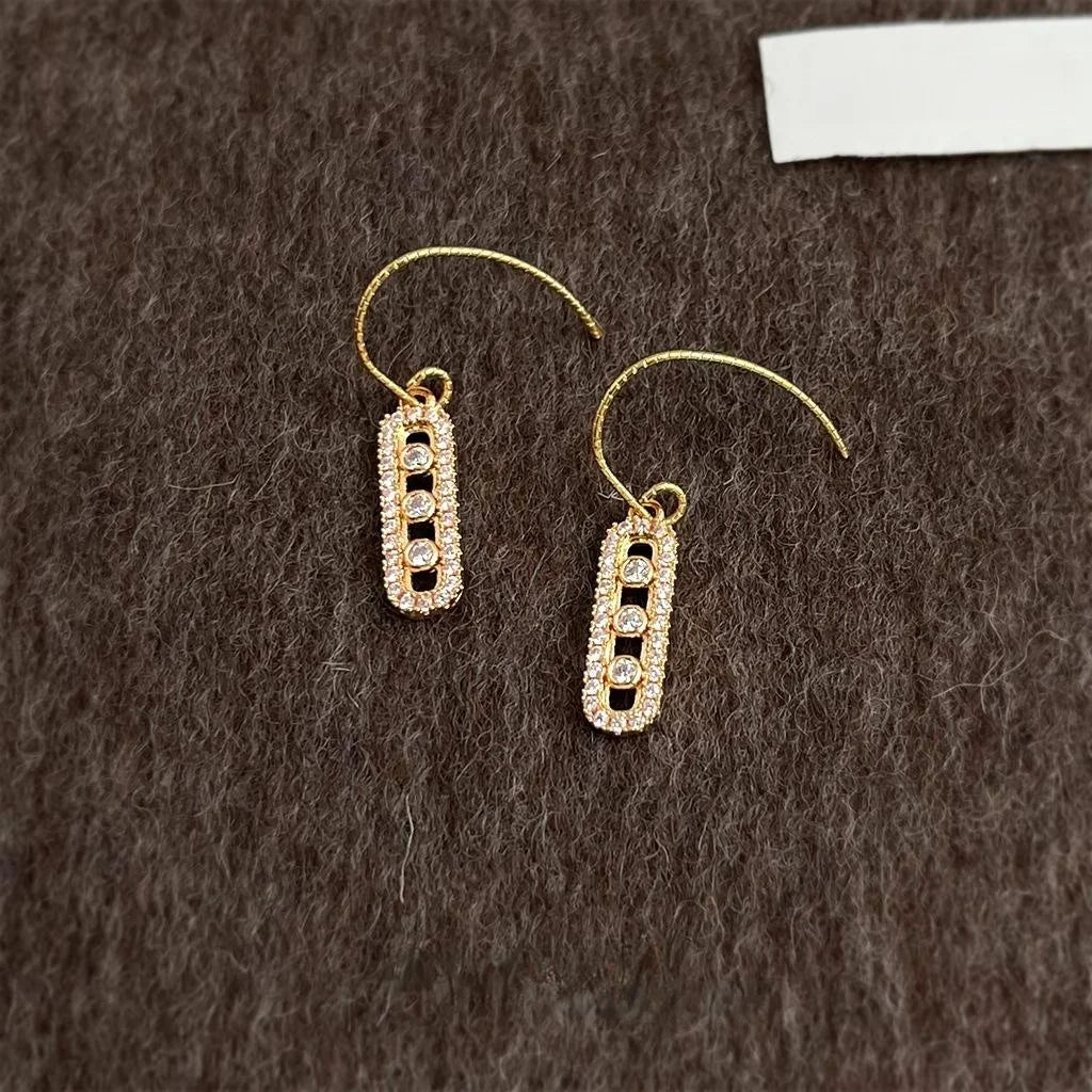 Minimalist French Geometric Oval Bar Zircon Micro Pave Eco Copper Drop Earrings