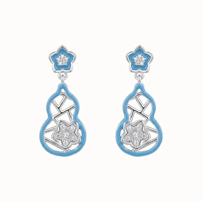 Original Designer Blue Enamel Gourd Flower Copper Zircon Drop Earrings Sweet Elegant Women's Jewelry
