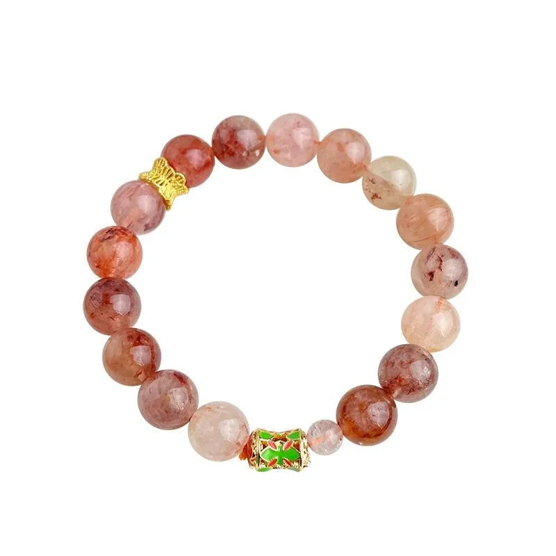 Natural Red Garden Quartz Crystal Beaded Bracelet Light Luxury Geometric Round Stone Jewelry