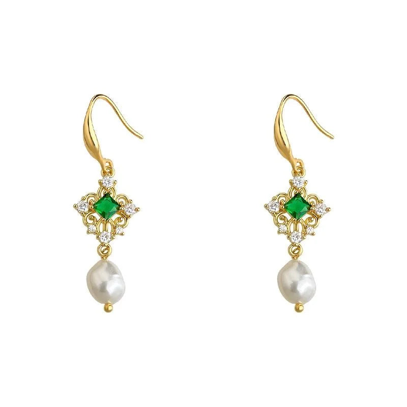 Hong Kong Style Baroque Freshwater Pearl Tassel Drop Earrings With Zircon Micro Pave Copper Geometric Design