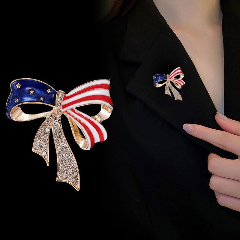 Elegant American Flag Bow Enamel Rhinestone Alloy Brooch For Women Lapel Pin Corsage Suit Accessory Gift
