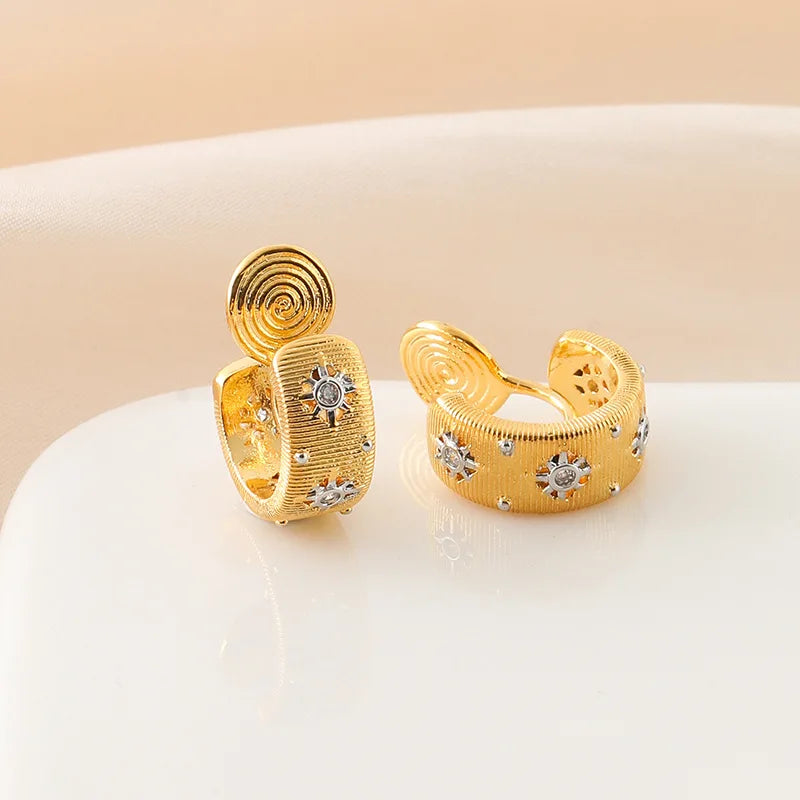 Unique Two Tone C Hoop Alloy Rhinestone Spiral Disc Stud & Clip On No Piercing Luxury Earrings
