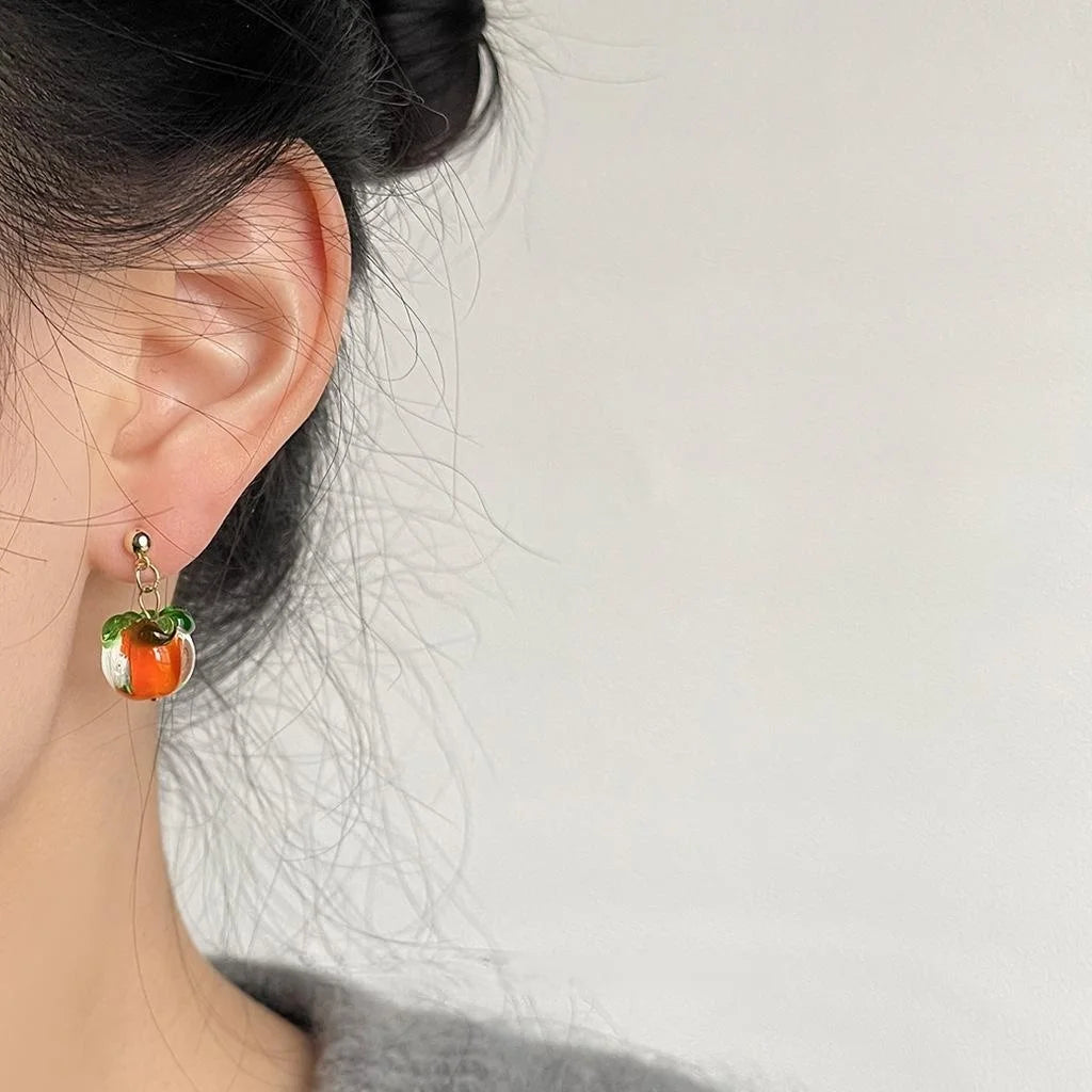 Handmade Chinese Style Asymmetrical Persimmon Ingot Glass Crystal Drop Earrings