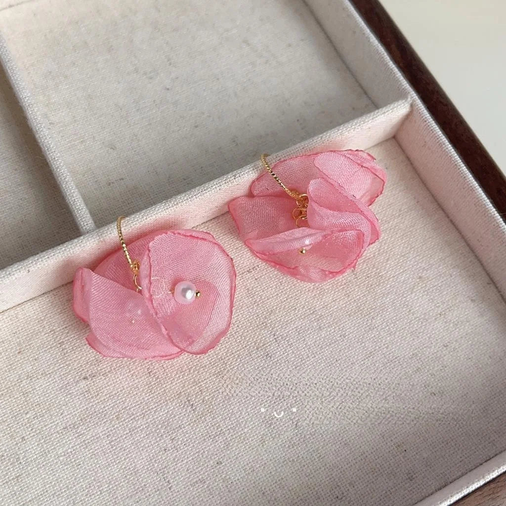 Vacation Style Pink Mesh Handmade Flower Drop Earrings With Lustrous Pearl French Romantic Jewelry