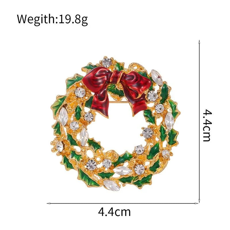 Elegant Christmas Wreath Brooch Alloy Enamel Red Bow Rhinestone Lapel Pin Corsage Suit Accessory Gift