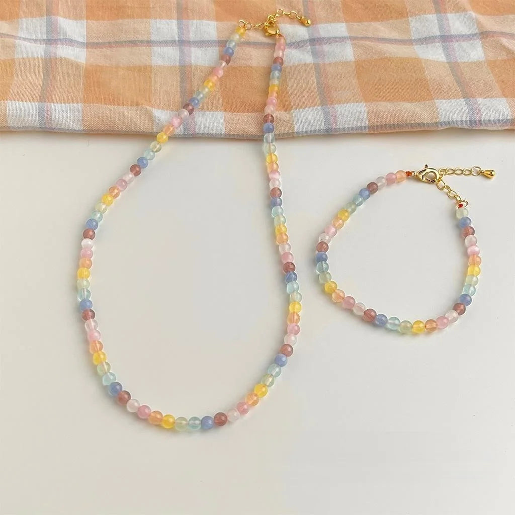 Glass Cat Eye Stone Sweet Dopamine Colorful Beaded Geometric Round Collarbone Necklace For Women