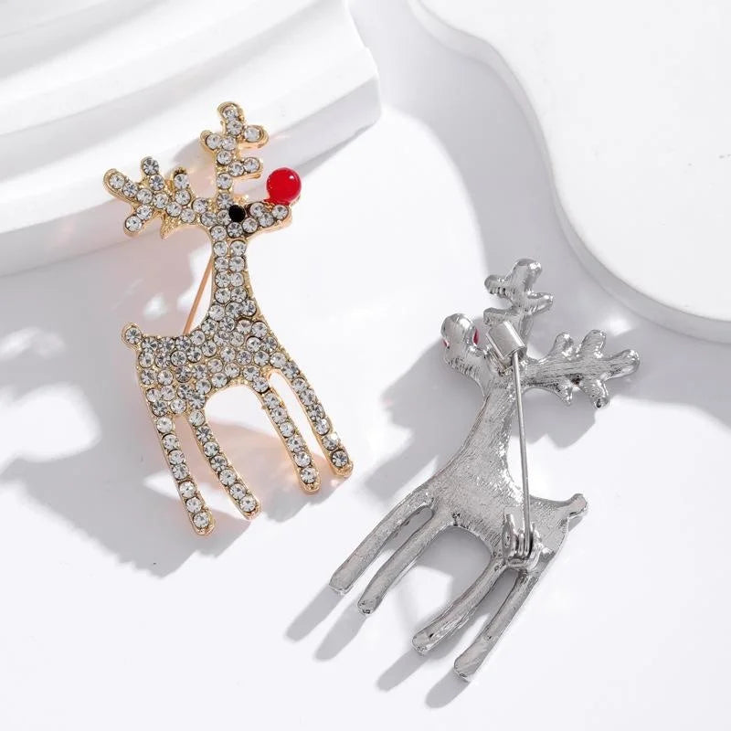 Cute Christmas Reindeer Rhinestone Alloy Brooch With Red Nose, Elegant Lapel Pin Corsage Gift