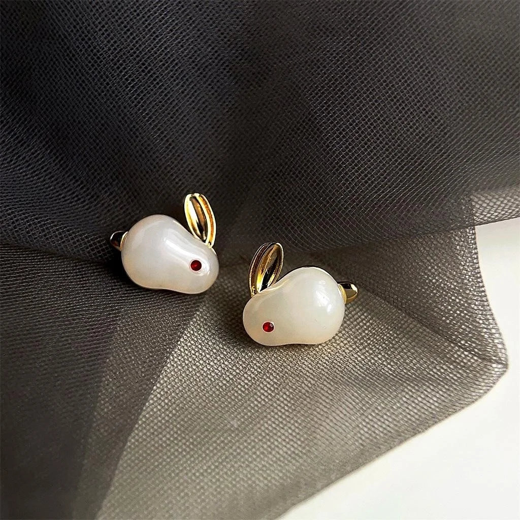 Cute Jade Color Moon Rabbit Copper Stud Earrings Minimalist Animal Zodiac Jewelry