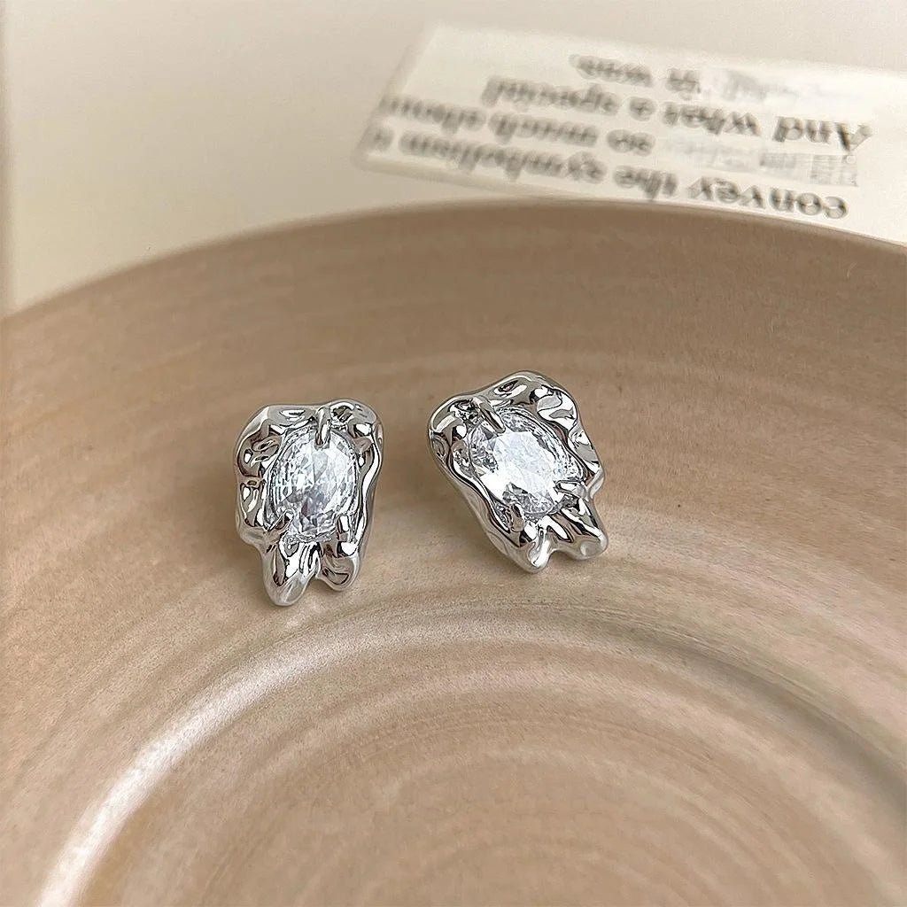 Designer Liquid Irregular Silver Plated Zircon Geometric Style Stud Earrings For Women