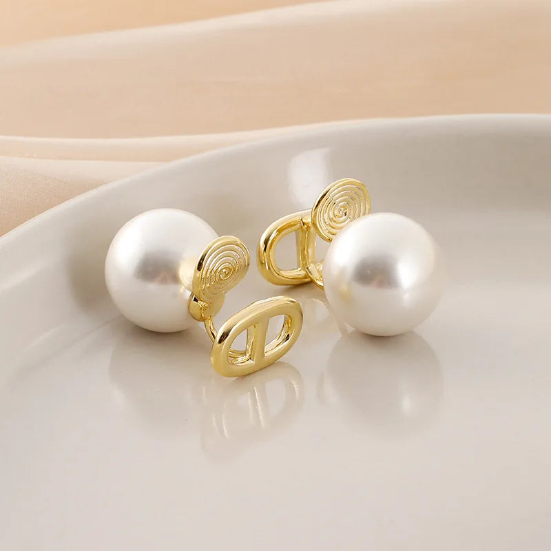 Elegant Gold Alloy Spiral Disc Letter Charm Large Pearl Stud & Clip On No Piercing Earrings