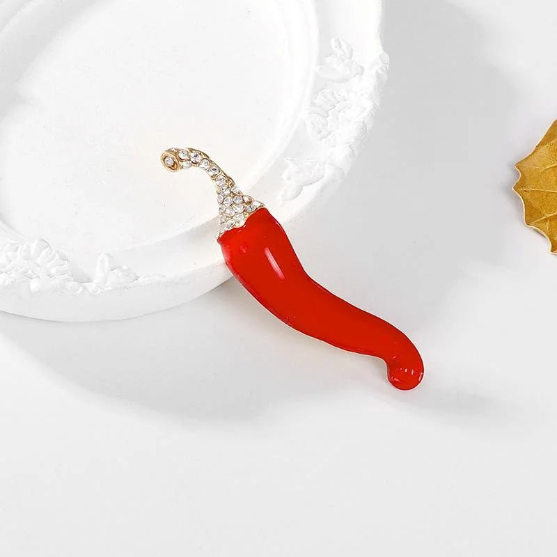 Cute Red Enamel Chili Pepper Brooch With Rhinestone Stem, Vegetable Lapel Pin Corsage Gift