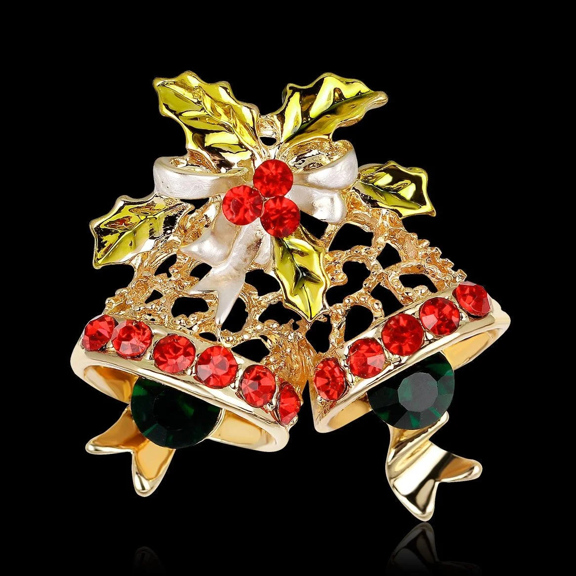 Luxury Gold Alloy Christmas Bell Brooch With Red Rhinestones, Enamel Holly Bow Lapel Pin Gift
