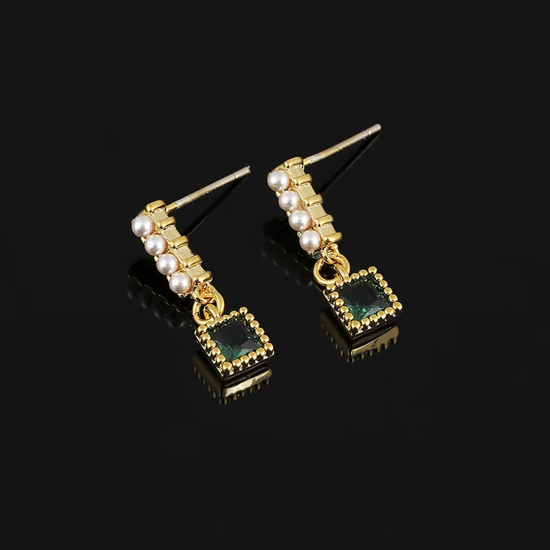Elegant Gold Alloy Spiral Pearl Square Emerald Zircon Drop Stud & Clip On No Piercing Earrings