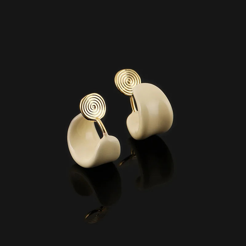 Elegant Cream Enamel Chunky C Hoop Circle Stud & Clip On No Piercing Minimalist Women's Earrings