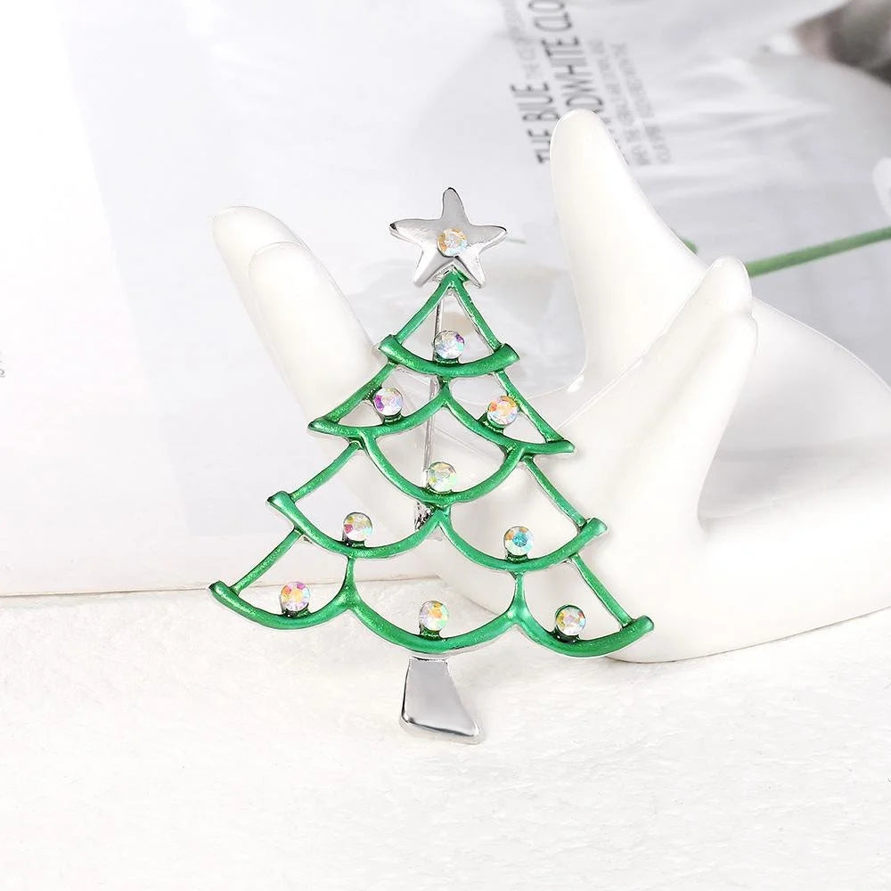 Cute Green Enamel Christmas Tree Brooch With Rhinestone Star, Holiday Lapel Pin Corsage Gift