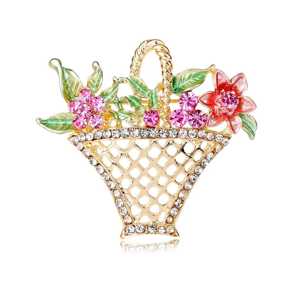 Elegant Hollow Flower Basket Brooch With Enamel Leaves And Rhinestones, Women's Lapel Pin Gift