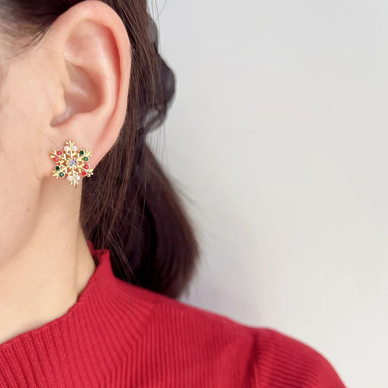 Elegant Christmas Snowflake Alloy Rhinestone Pearl Stud & Clip On No Piercing Holiday Earrings