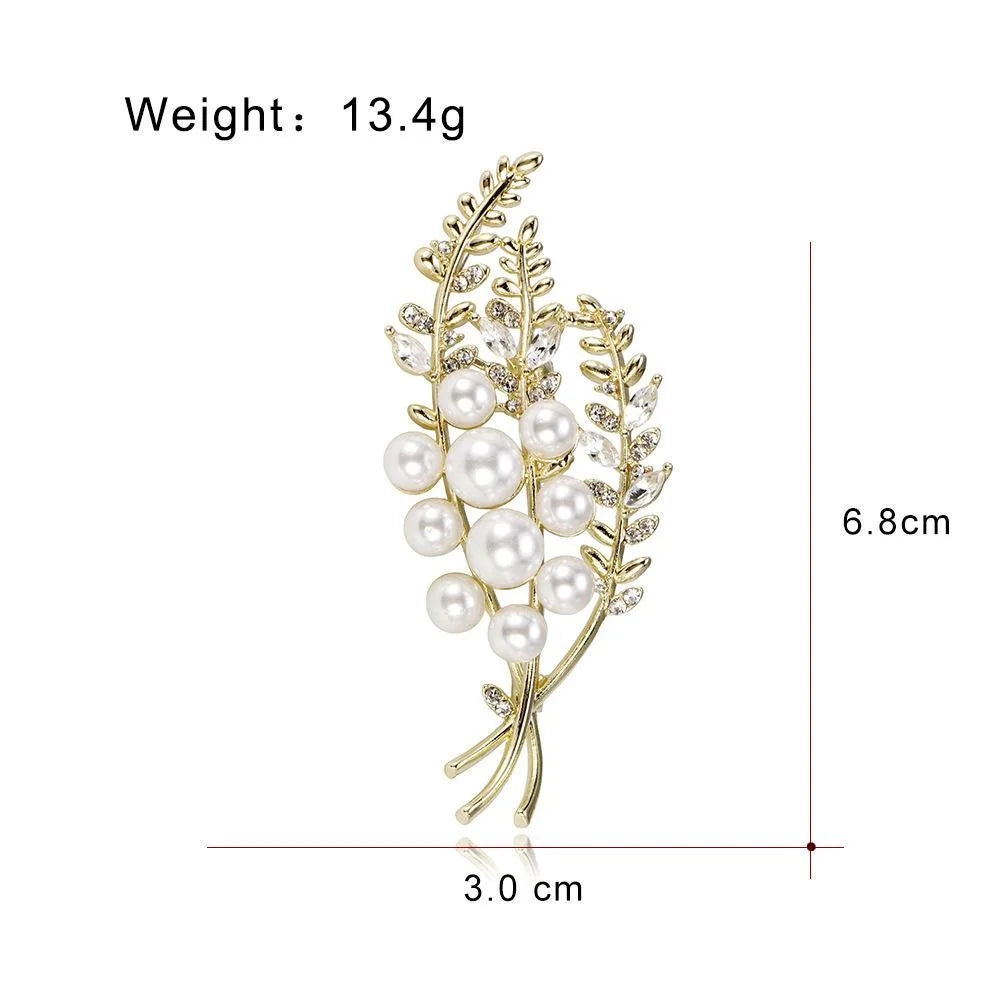 Elegant Wheat Ear Pearl Rhinestone Brooch Gold Tone Alloy Plant Lapel Pin Corsage Suit Accessory Gift