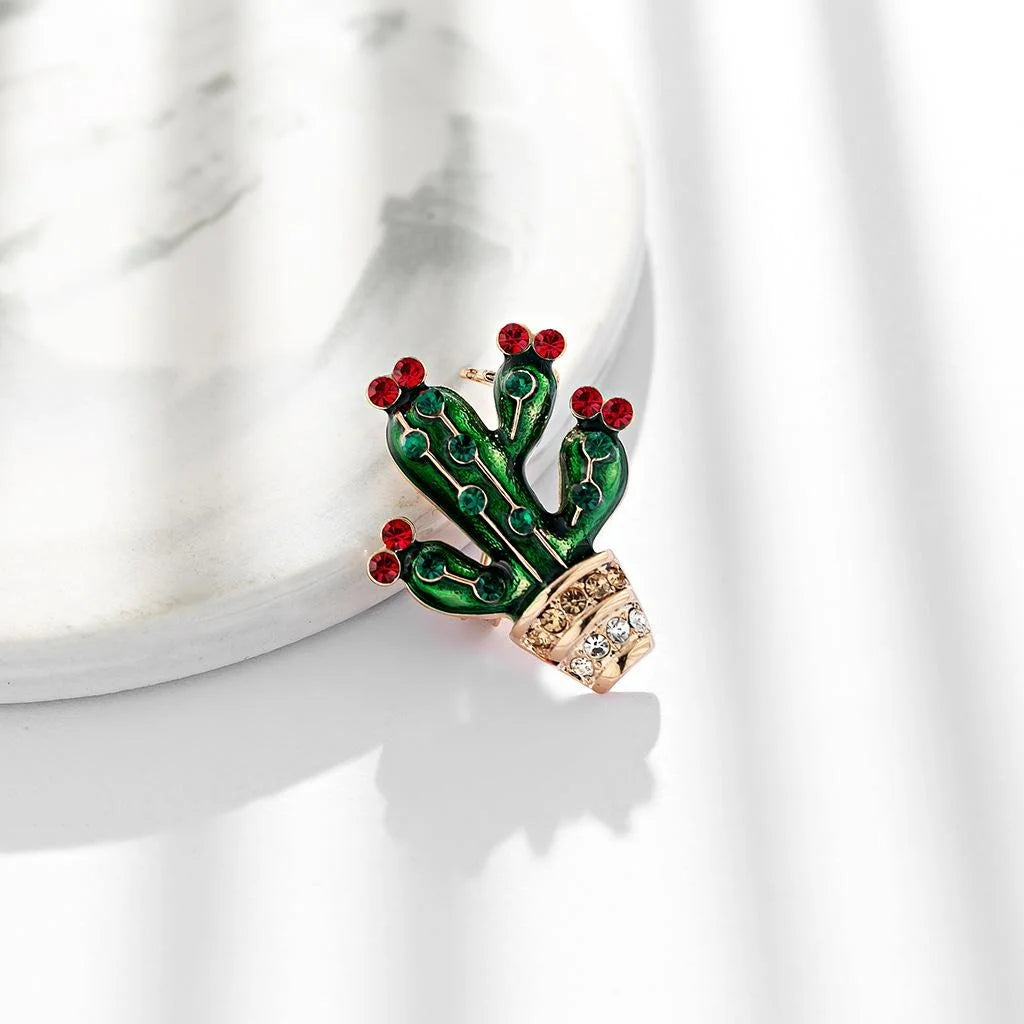 Cute Green Enamel Cactus Alloy Brooch With Rhinestone Accents, Creative Lapel Pin Corsage Gift