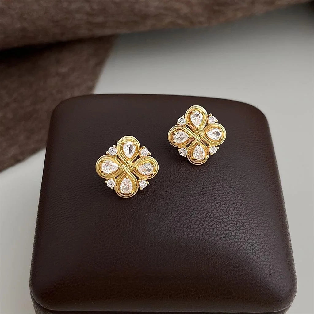Vintage Chinese Knot Flower Geometric Zircon Copper Stud Earrings