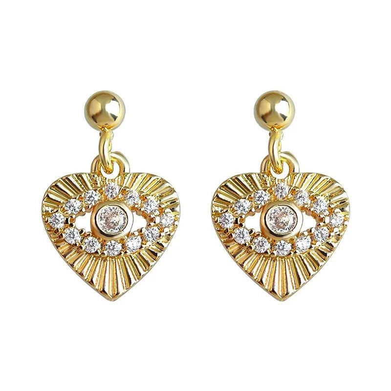 Mini Vintage Copper Zircon Eye Heart Stud Earrings Minimalist Fashion Jewelry