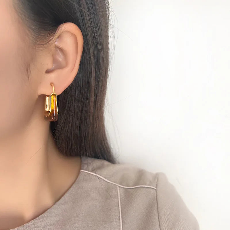 Vintage French Brown Resin Geometric Hoop Stud & Clip On No Piercing Gold Alloy Spiral Earrings