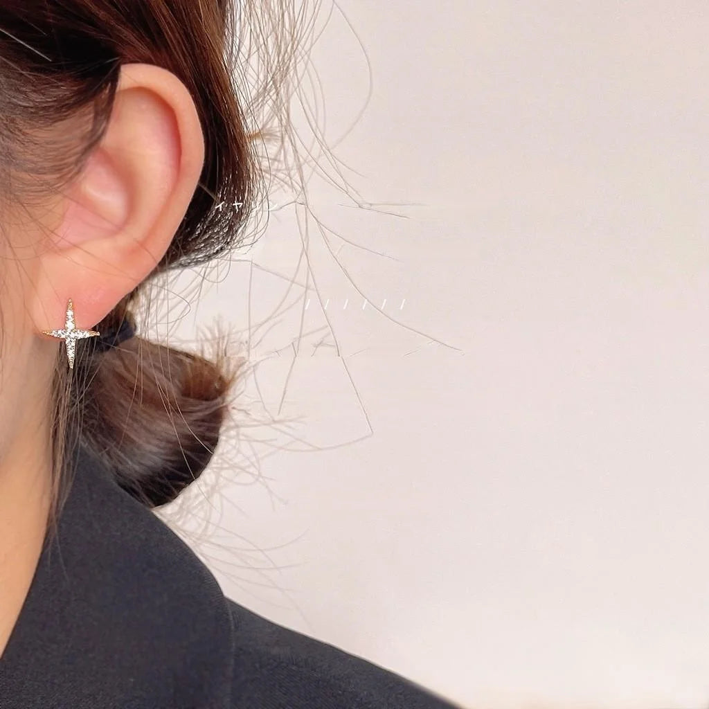 14K Plated Copper Star Cross Stud Earrings With Micro Pave Zircon, Minimalist Korean Style