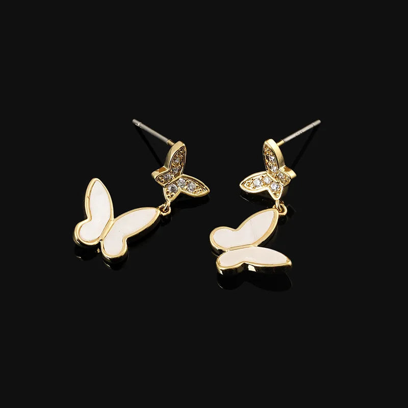 Elegant Rhinestone Enamel Butterfly Drop Stud & Clip On No Piercing Gold Alloy Women's Earrings