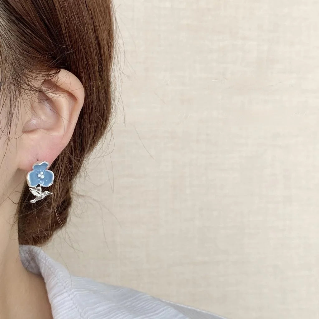 Premium Copper Enamel Flower Bird Stud Earrings Forest Style Hong Kong Fashion Jewelry