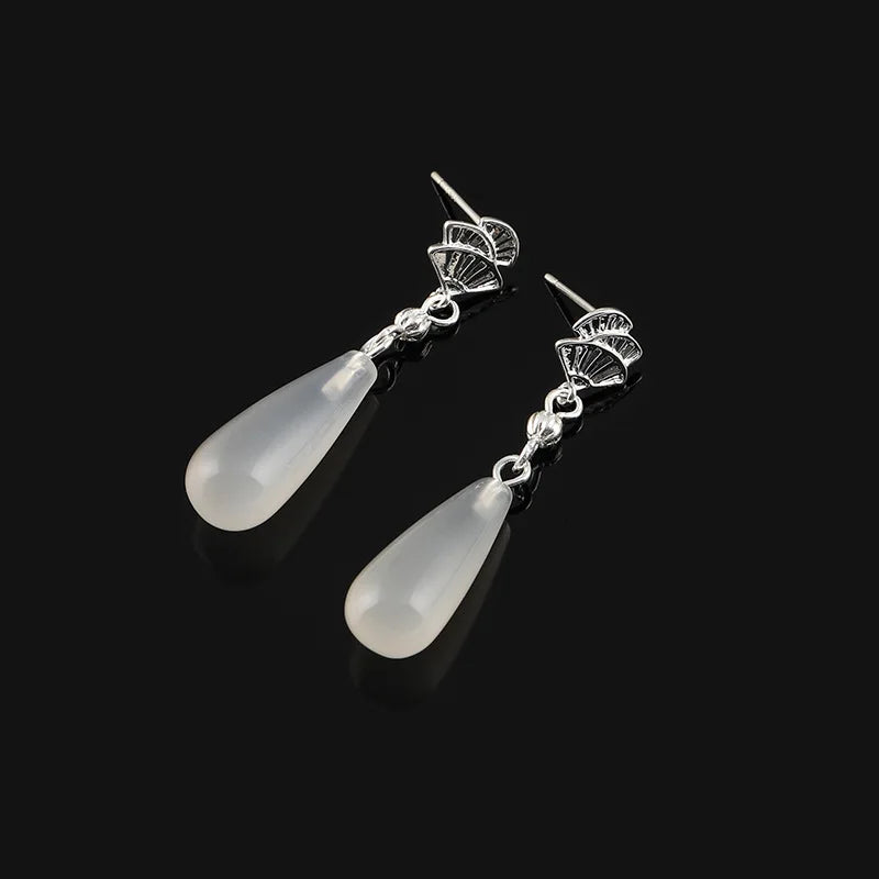 Vintage Chinese Fan Spiral Natural Agate Teardrop Dangle Stud & Clip On No Piercing Earrings