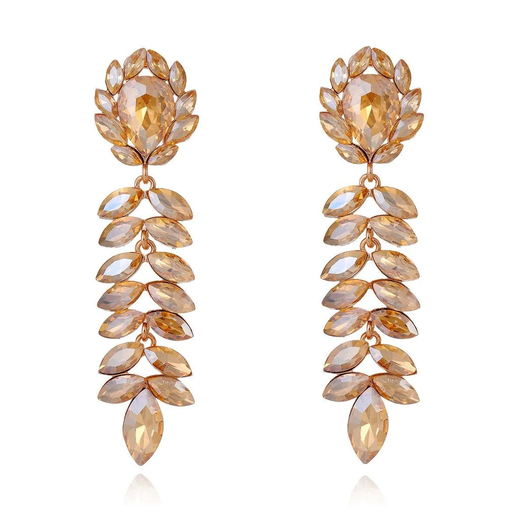 Elegant Long Tassel Crystal Rhinestone Leaf Flower Earrings For Women Alloy Bridal Wedding Party Jewelry
