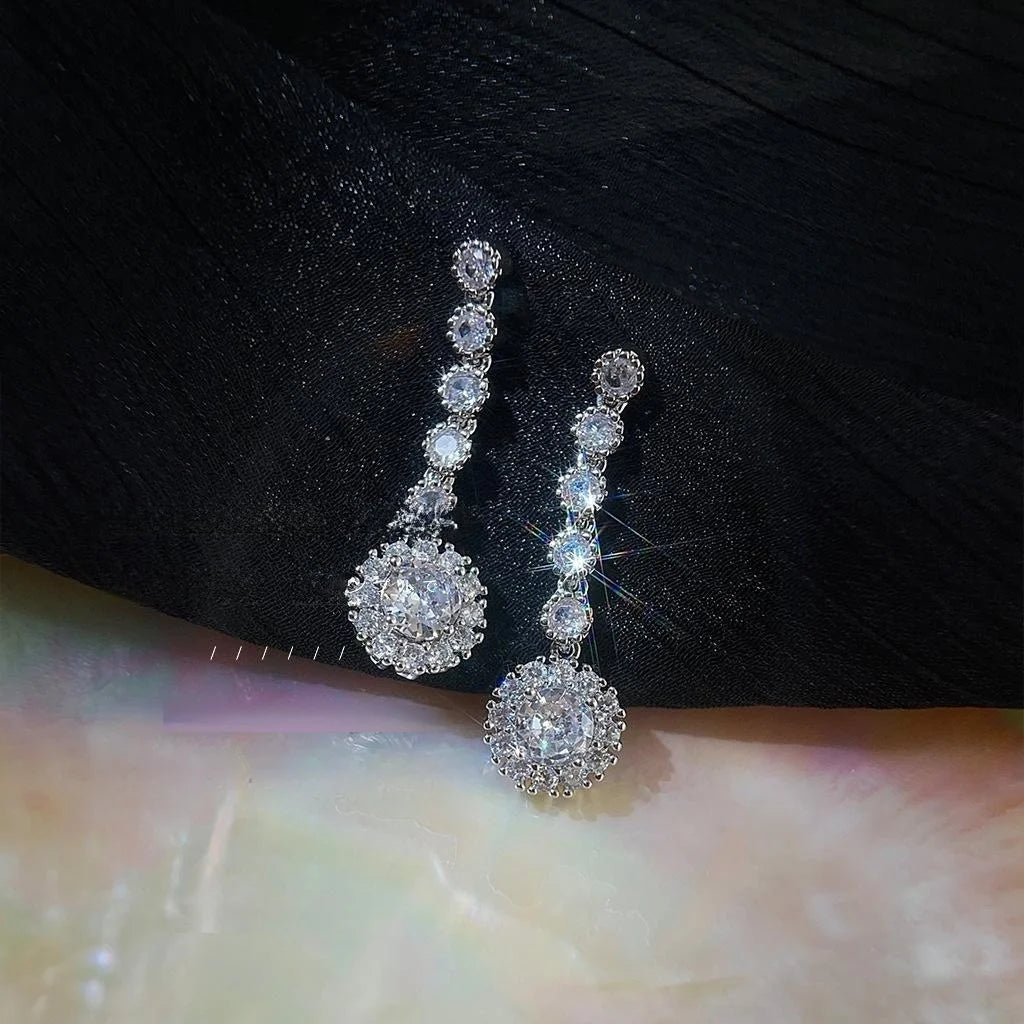Light Luxury Geometric Sunflower Zircon Copper Long Tassel Drop Earrings For Women