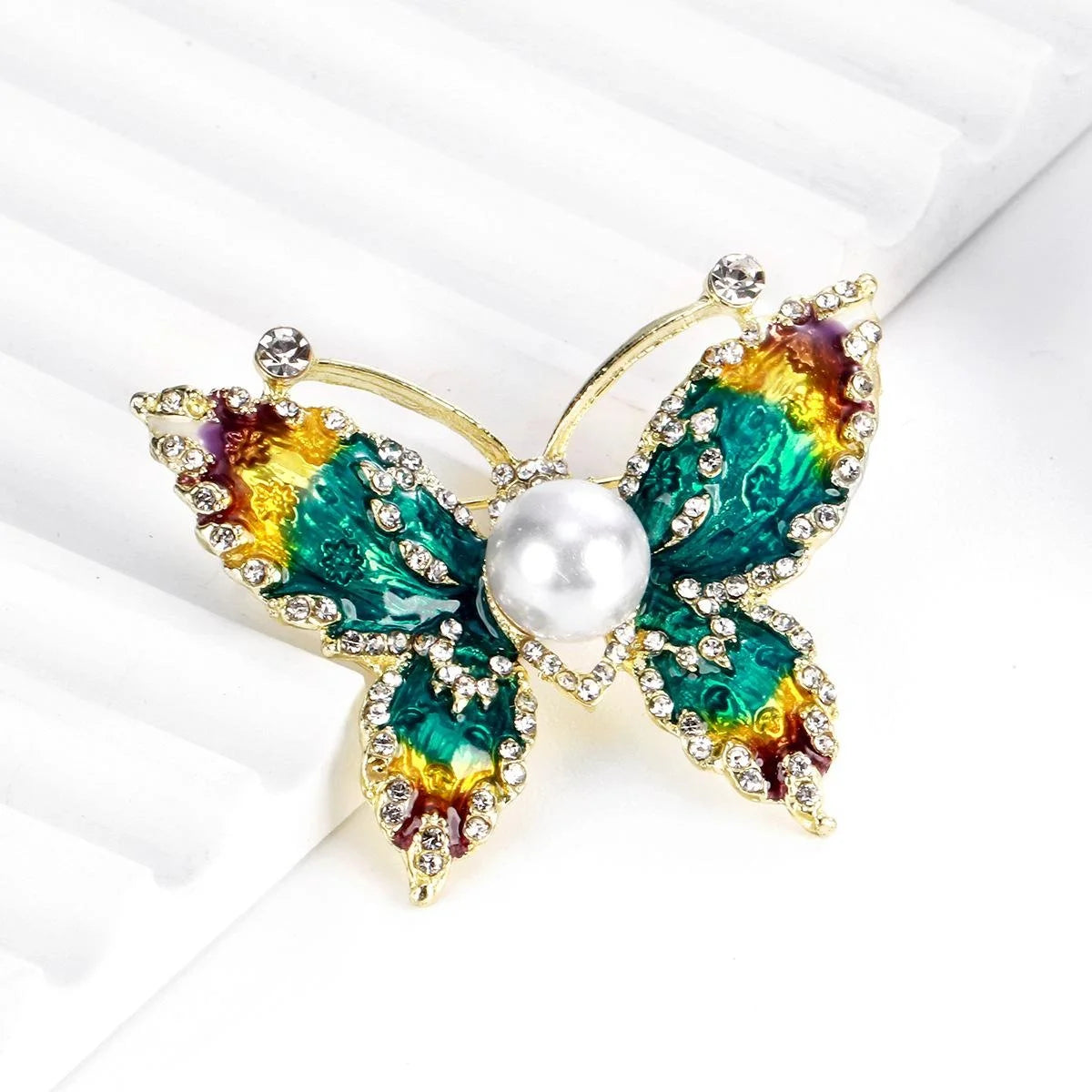 Elegant Gradient Enamel Butterfly Brooch With Rhinestones And Pearl, Women's Lapel Pin Suit Accessory Gift