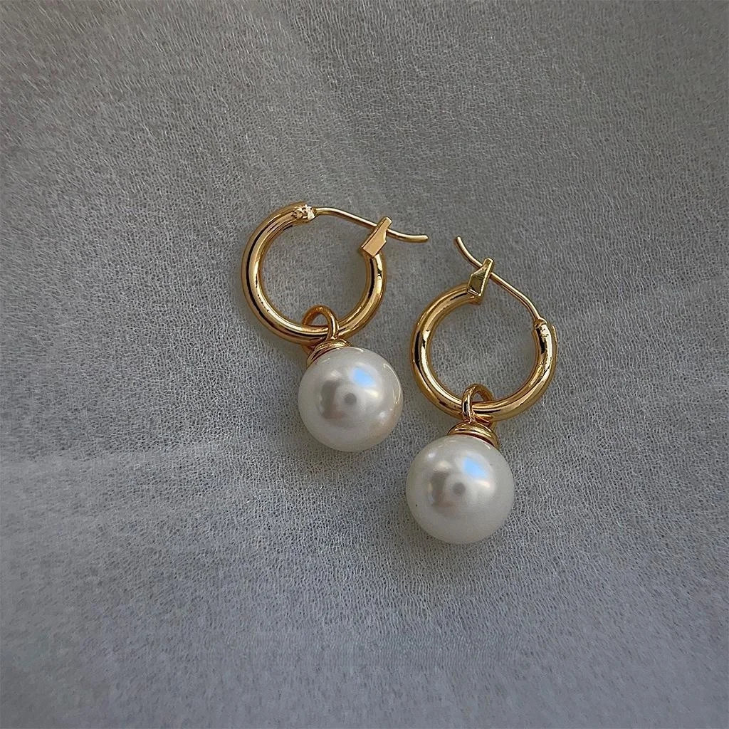 14K Gold Plated Copper Round Geometric Glass Pearl Drop Earrings Light Luxury Handmade Jewelry
