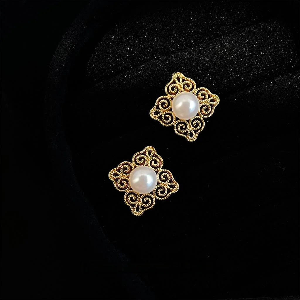 Vintage Chinese Style 14K Plated Copper Glass Pearl Geometric Floral Stud Earrings
