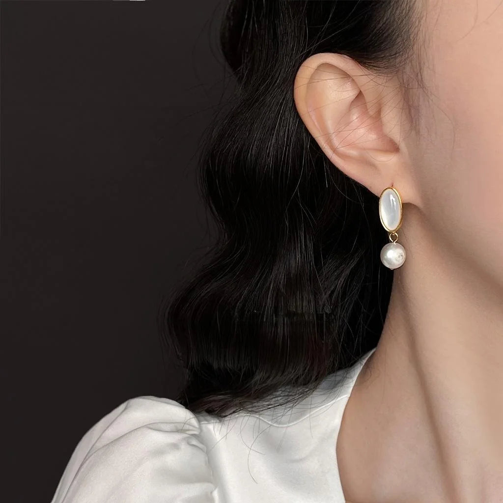 Elegant Baroque Freshwater Pearl Shell Geometric Drop Earrings With Silver Plated
