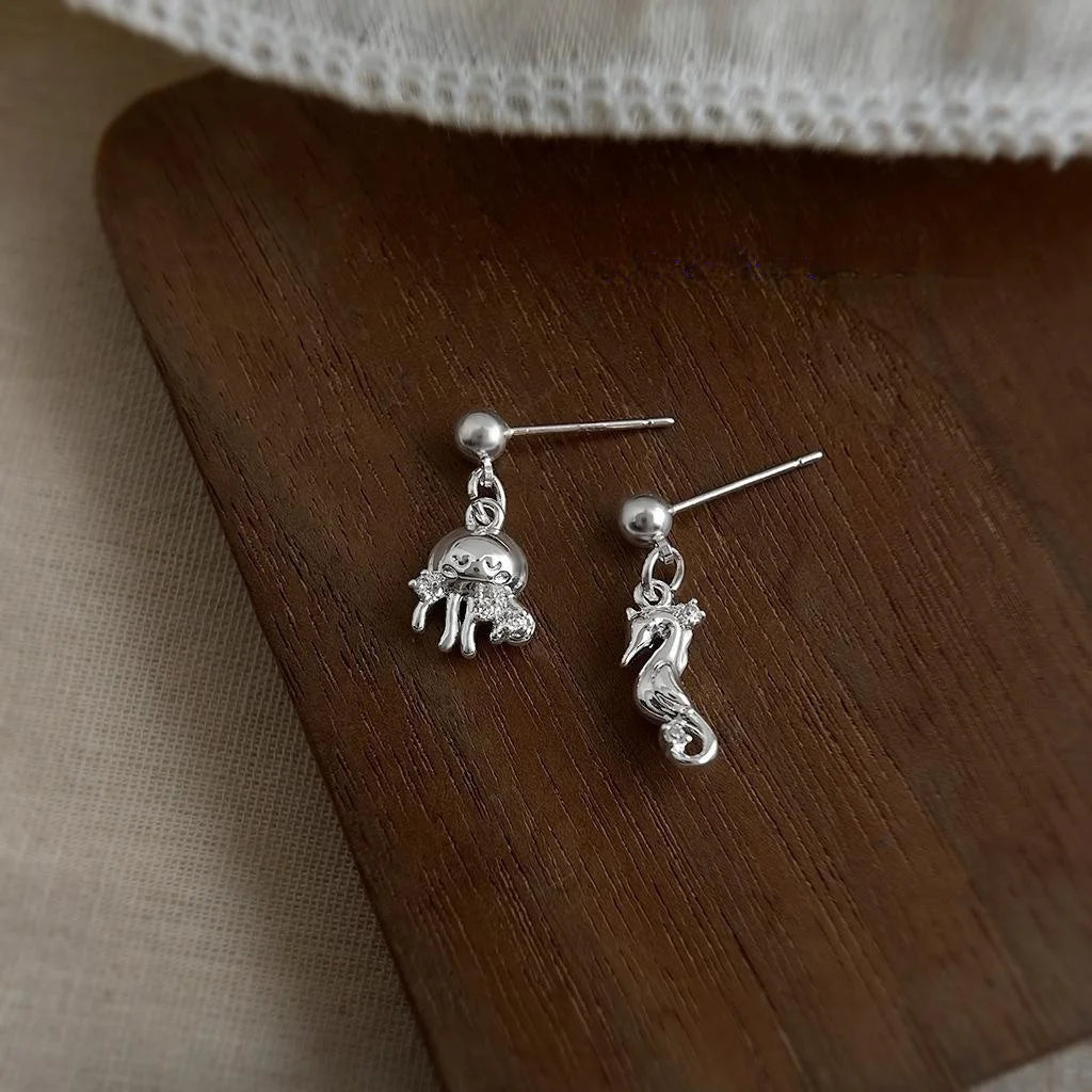 Cute Copper Seahorse Jellyfish Drop Earrings, Style Minimalist Ocean Animal Jewelry