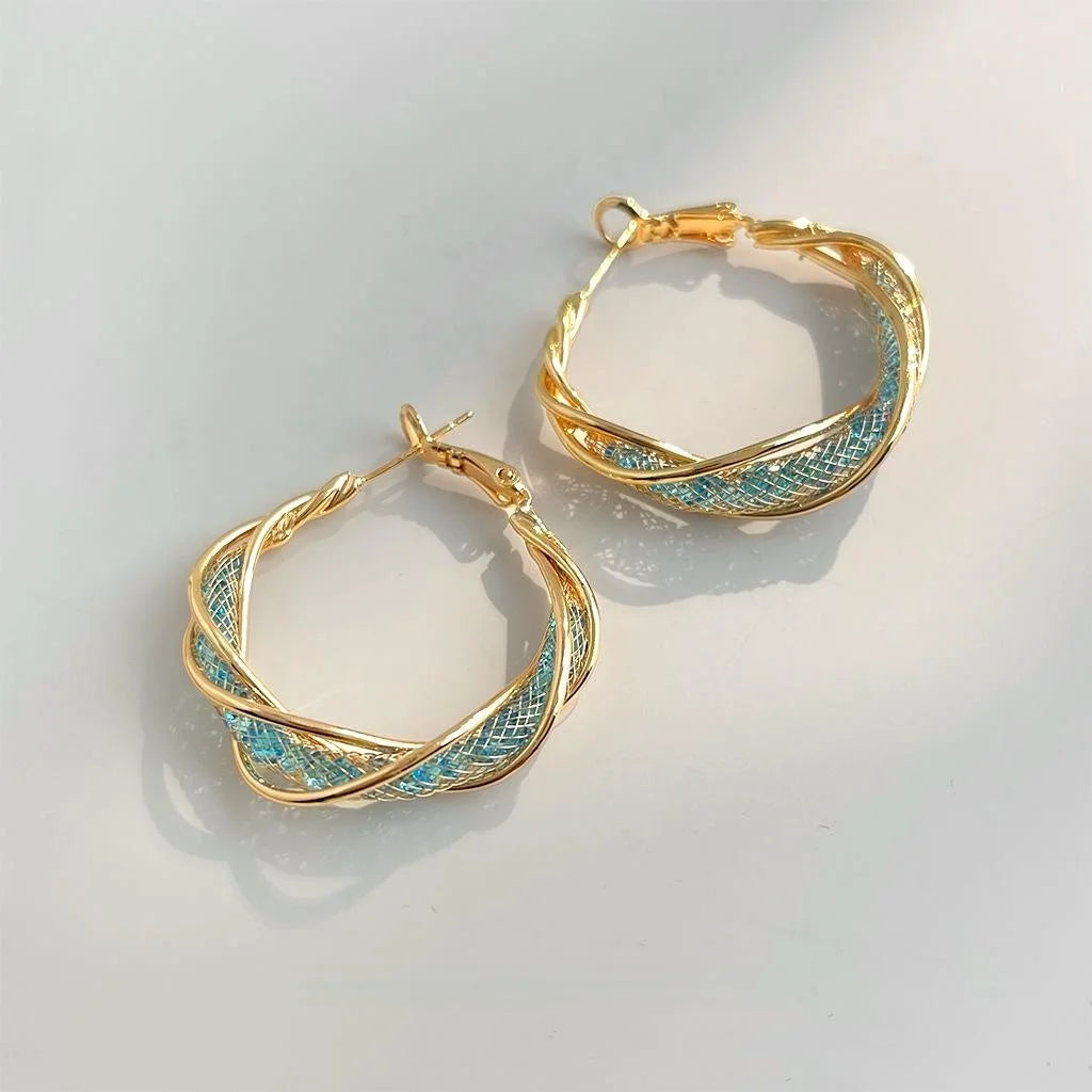 Chic Statement Aquamarine Zircon Crystal Twisted Geometric Copper Hoop Earrings