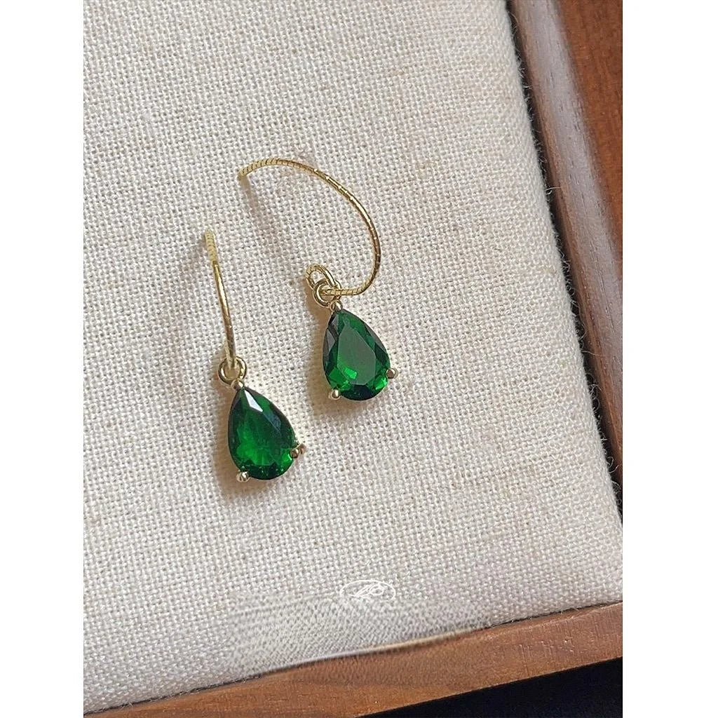French Vintage Copper Emerald Zircon Teardrop Drop Earrings For Women