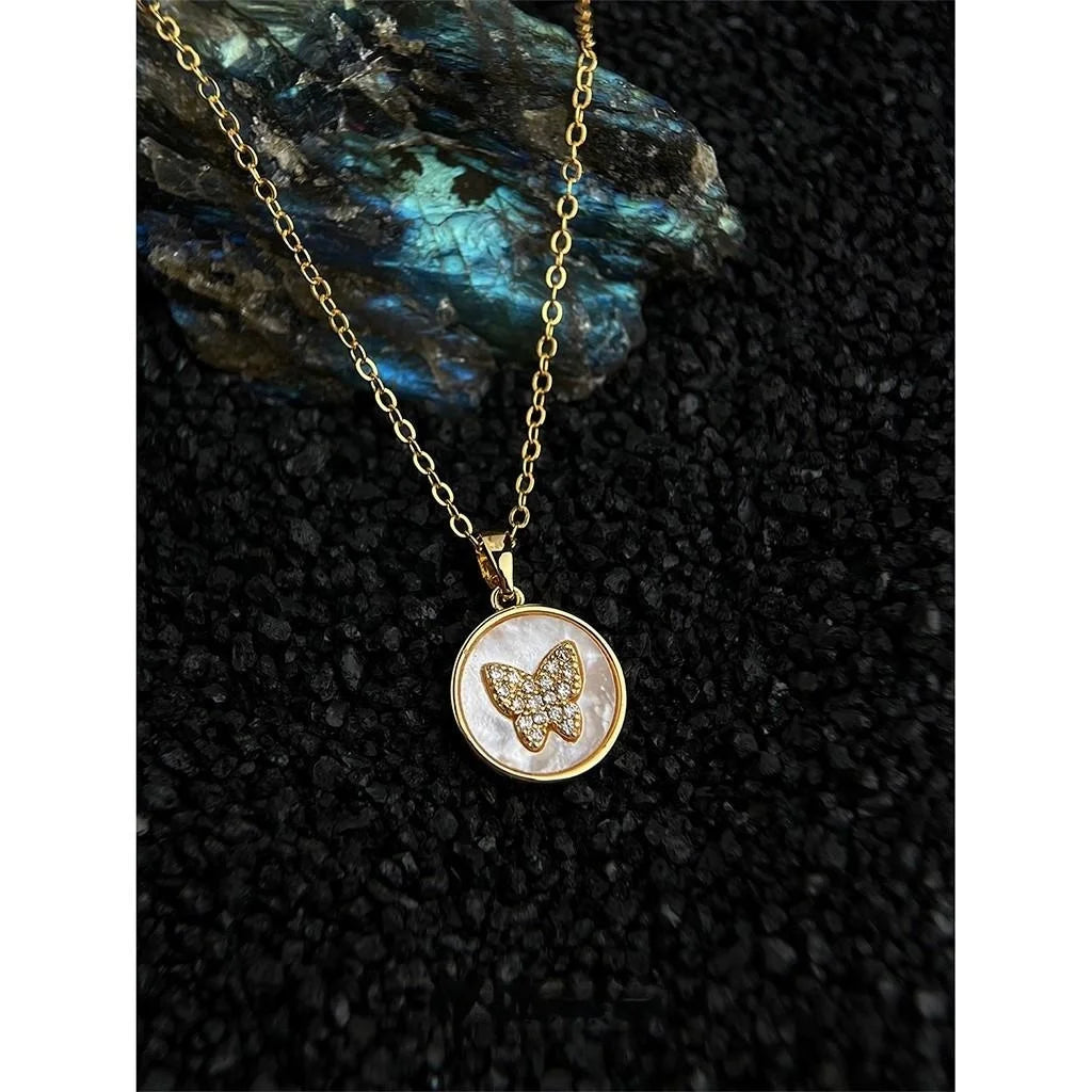 18K Gold Plated Shell Butterfly Zircon Pendant Necklace Light Luxury Collarbone Chain