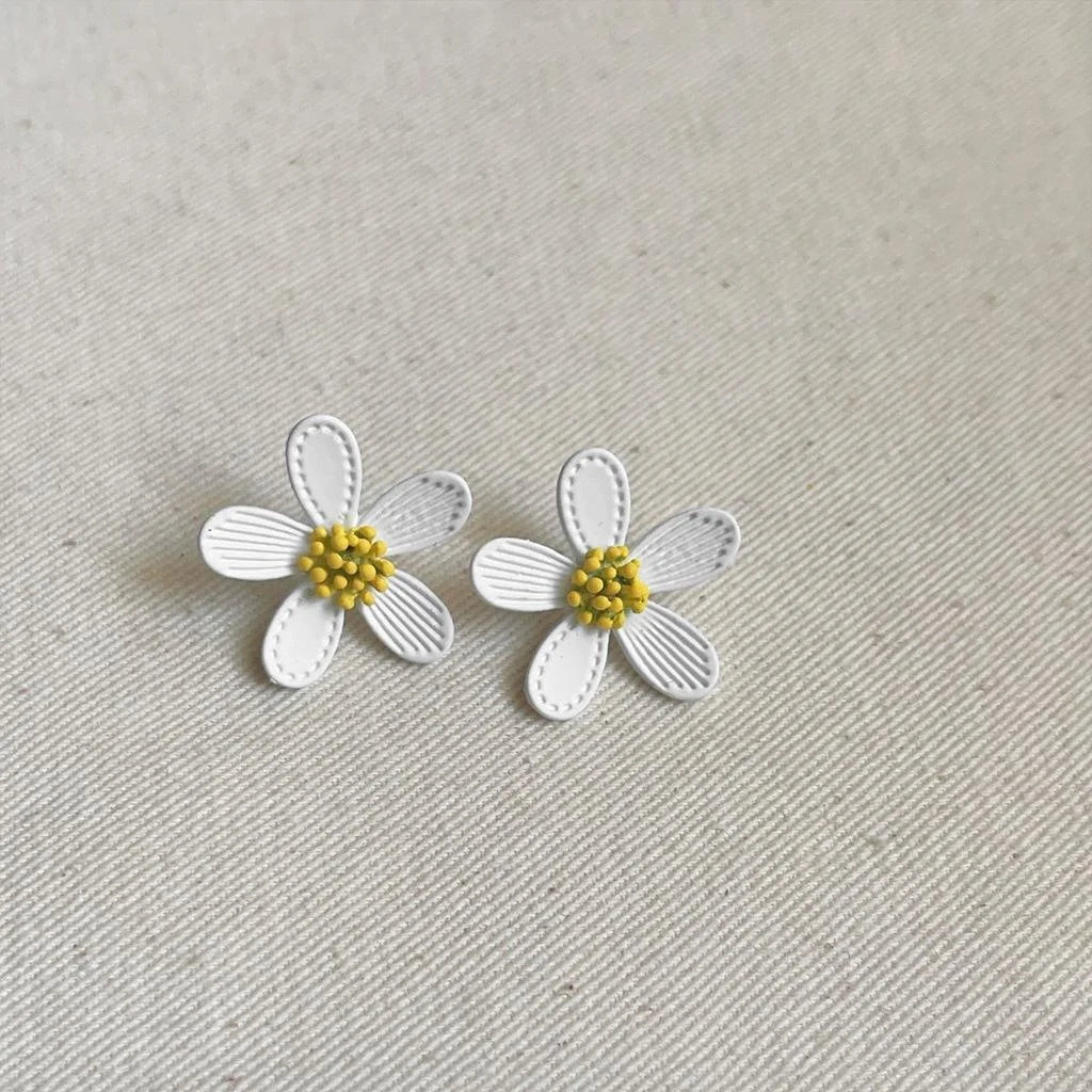 Cute Korean Enamel Copper Flower Stud Earrings With Silver Plated Posts For Women