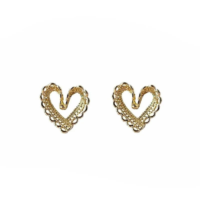 Fresh Sweet Lace Hollow Heart Stud Earrings 14K Plated Copper Korean Style