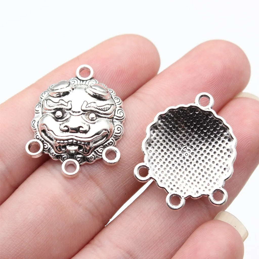 25x20mm 3.3g Antique Silver Zinc Alloy Chinese Lion Dance Multi Hole Connector Charm for Jewelry DIY