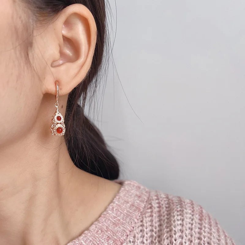 Elegant Hollow Red Agate Gourd Rhinestone Alloy Stud & Clip On No Piercing Drop Earrings